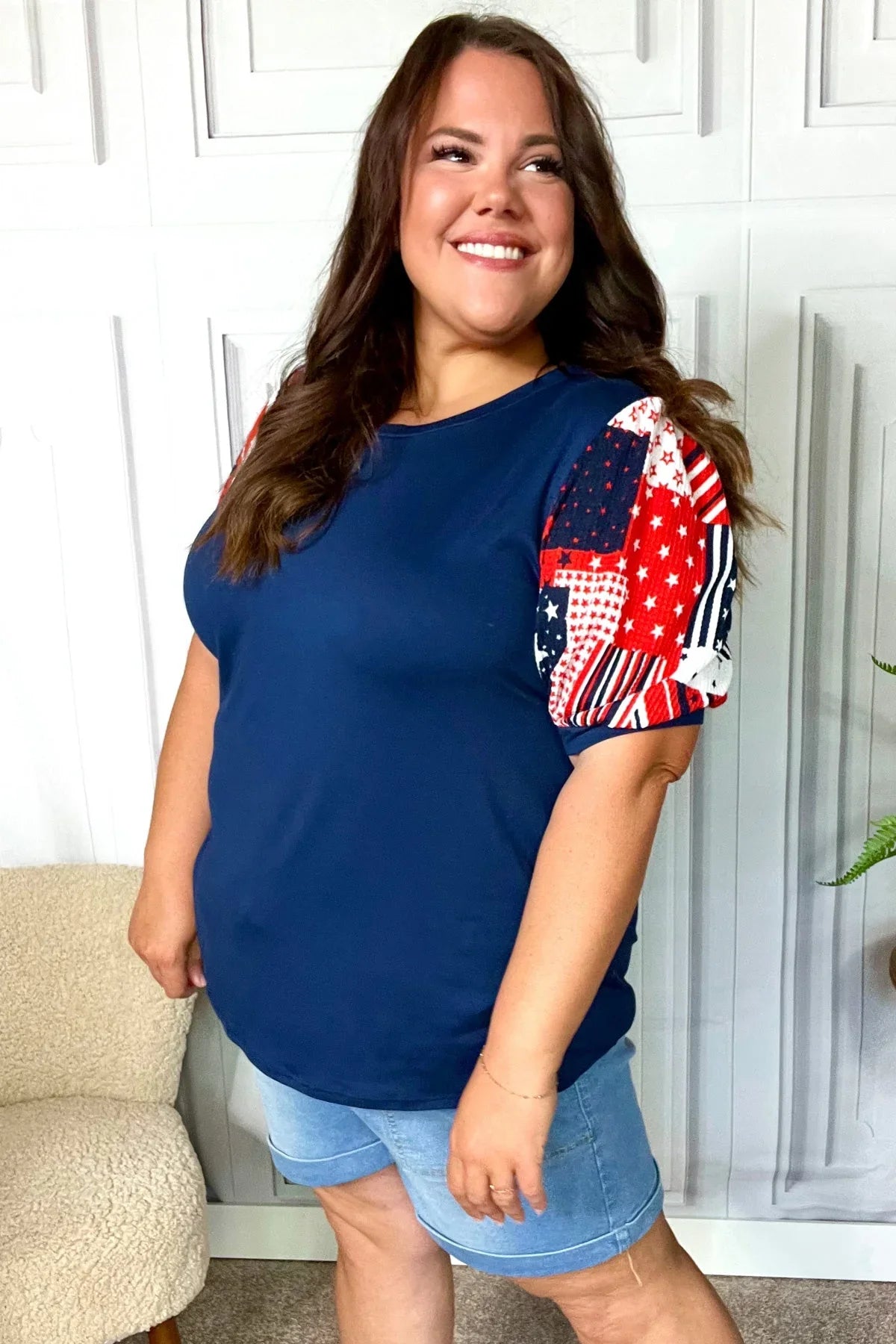 Stand-Out Navy Patriotic Patchwork Puff Sleeve Top | Daverri Fashions