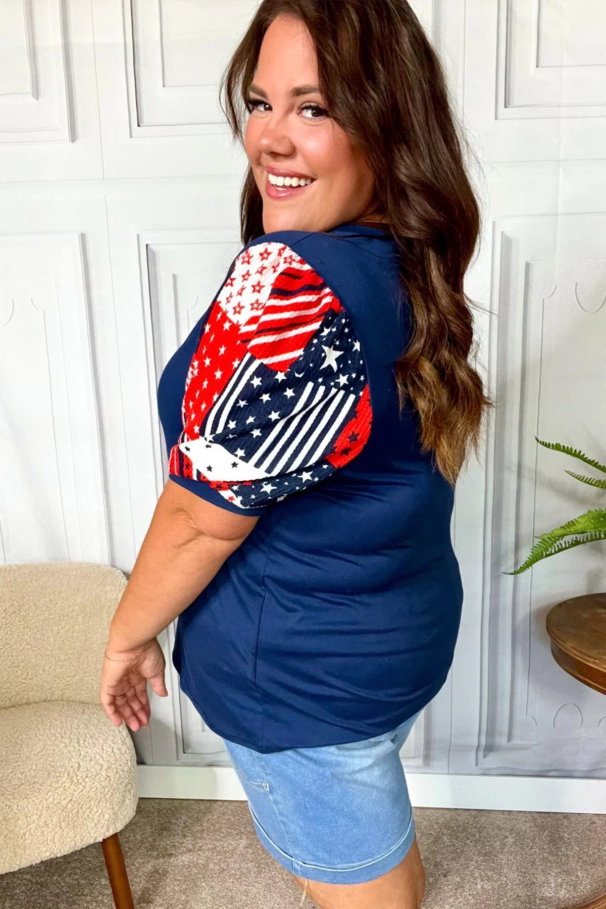 Stand-Out Navy Patriotic Patchwork Puff Sleeve Top | Daverri Fashions
