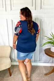 Stand-Out Navy Patriotic Patchwork Puff Sleeve Top | Daverri Fashions