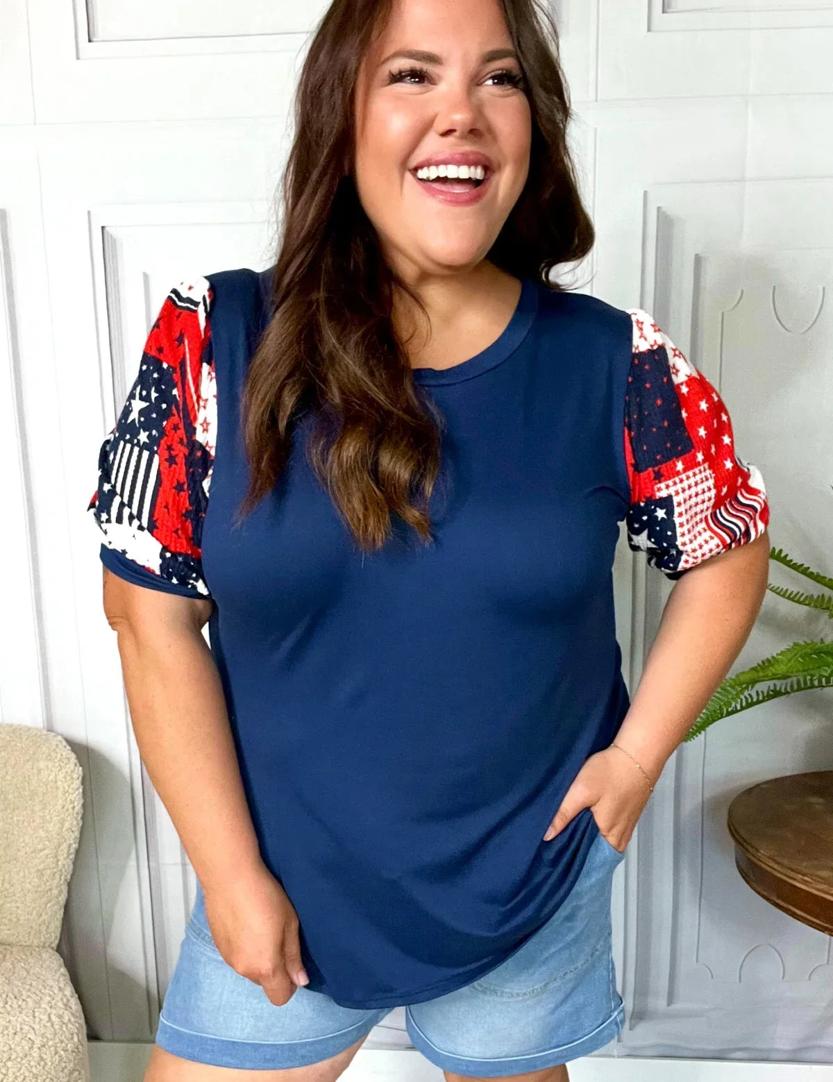 Stand-Out Navy Patriotic Patchwork Puff Sleeve Top | Daverri Fashions