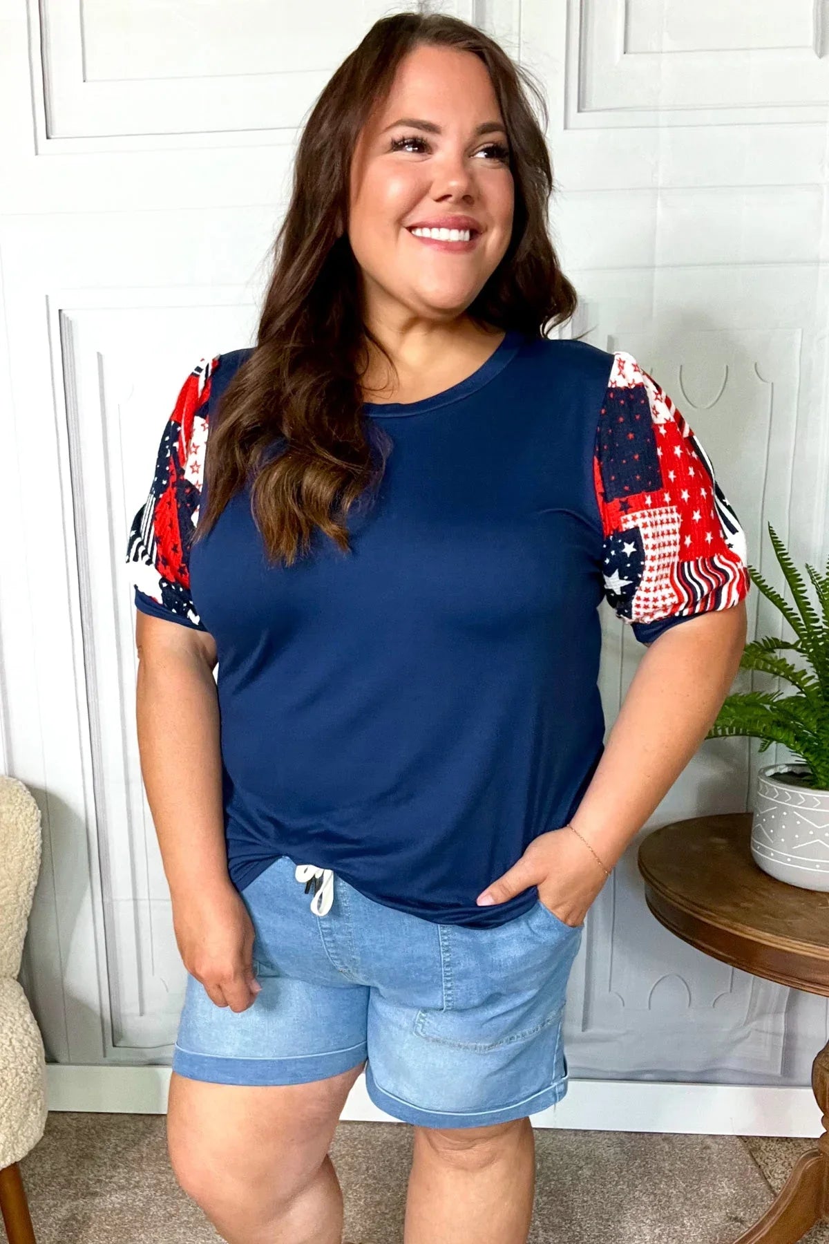 Stand-Out Navy Patriotic Patchwork Puff Sleeve Top | Daverri Fashions