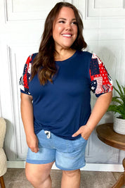 Stand-Out Navy Patriotic Patchwork Puff Sleeve Top | Daverri Fashions