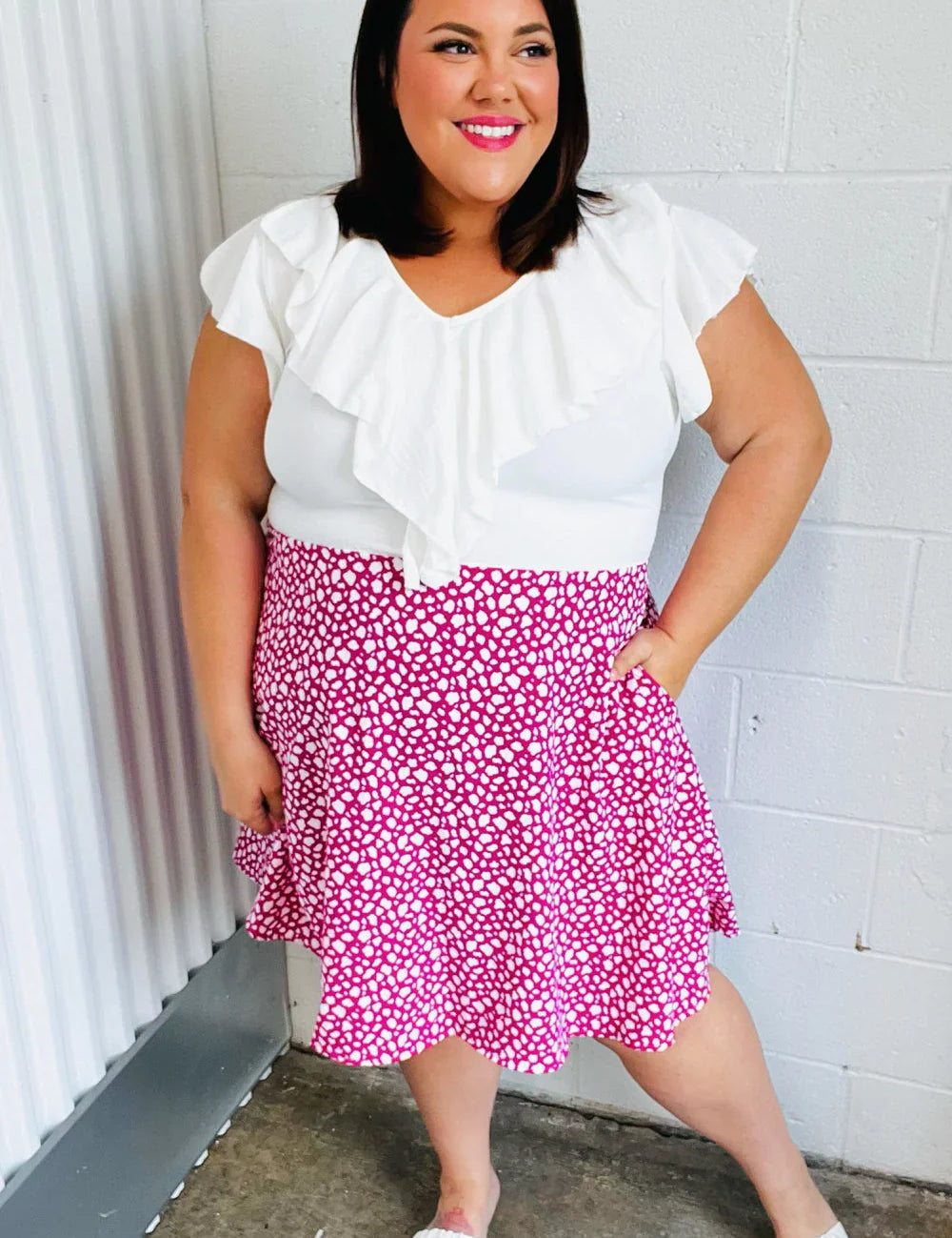 Fuchsia Leopard Two Fer Ruffle V Neck Woven Dress | Daverri Fashions