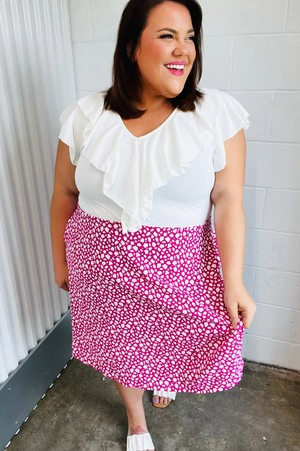 Fuchsia Leopard Two Fer Ruffle V Neck Woven Dress | Daverri Fashions