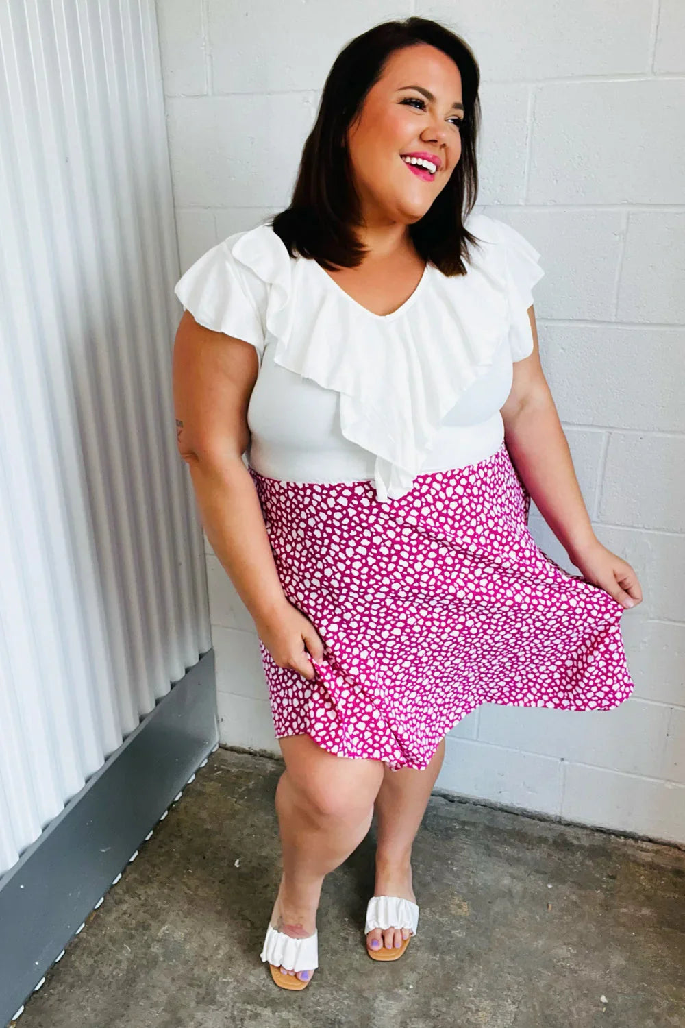 Fuchsia Leopard Two Fer Ruffle V Neck Woven Dress | Daverri Fashions