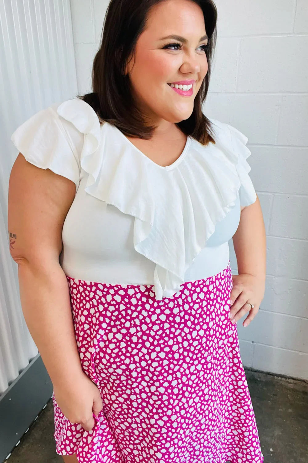Fuchsia Leopard Two Fer Ruffle V Neck Woven Dress | Daverri Fashions