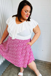 Fuchsia Leopard Two Fer Ruffle V Neck Woven Dress | Daverri Fashions