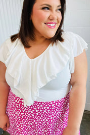 Fuchsia Leopard Two Fer Ruffle V Neck Woven Dress | Daverri Fashions