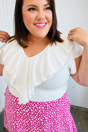 Fuchsia Leopard Two Fer Ruffle V Neck Woven Dress | Daverri Fashions