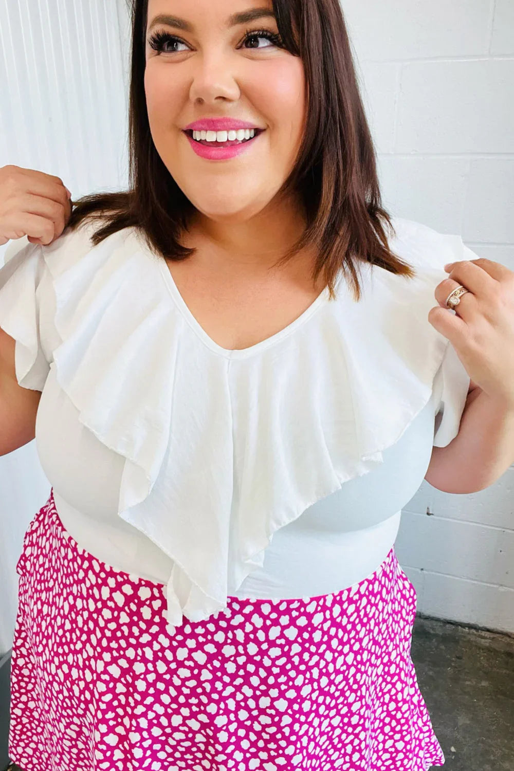 Fuchsia Leopard Two Fer Ruffle V Neck Woven Dress | Daverri Fashions