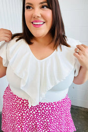 Fuchsia Leopard Two Fer Ruffle V Neck Woven Dress | Daverri Fashions