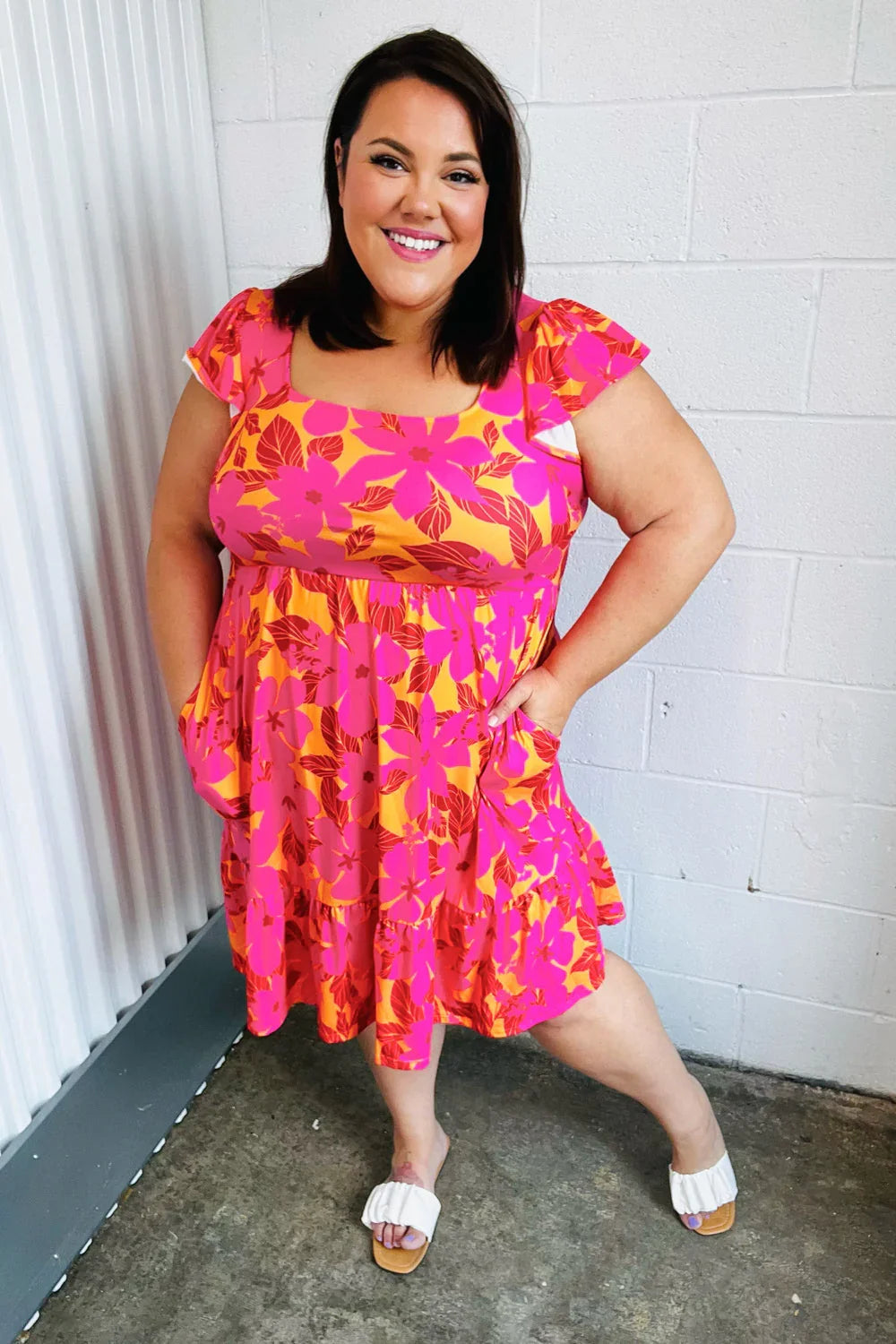 Fuchsia & Orange Tropical Floral Square Neck Dress | Daverri Fashions