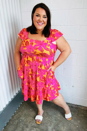 Fuchsia & Orange Tropical Floral Square Neck Dress | Daverri Fashions