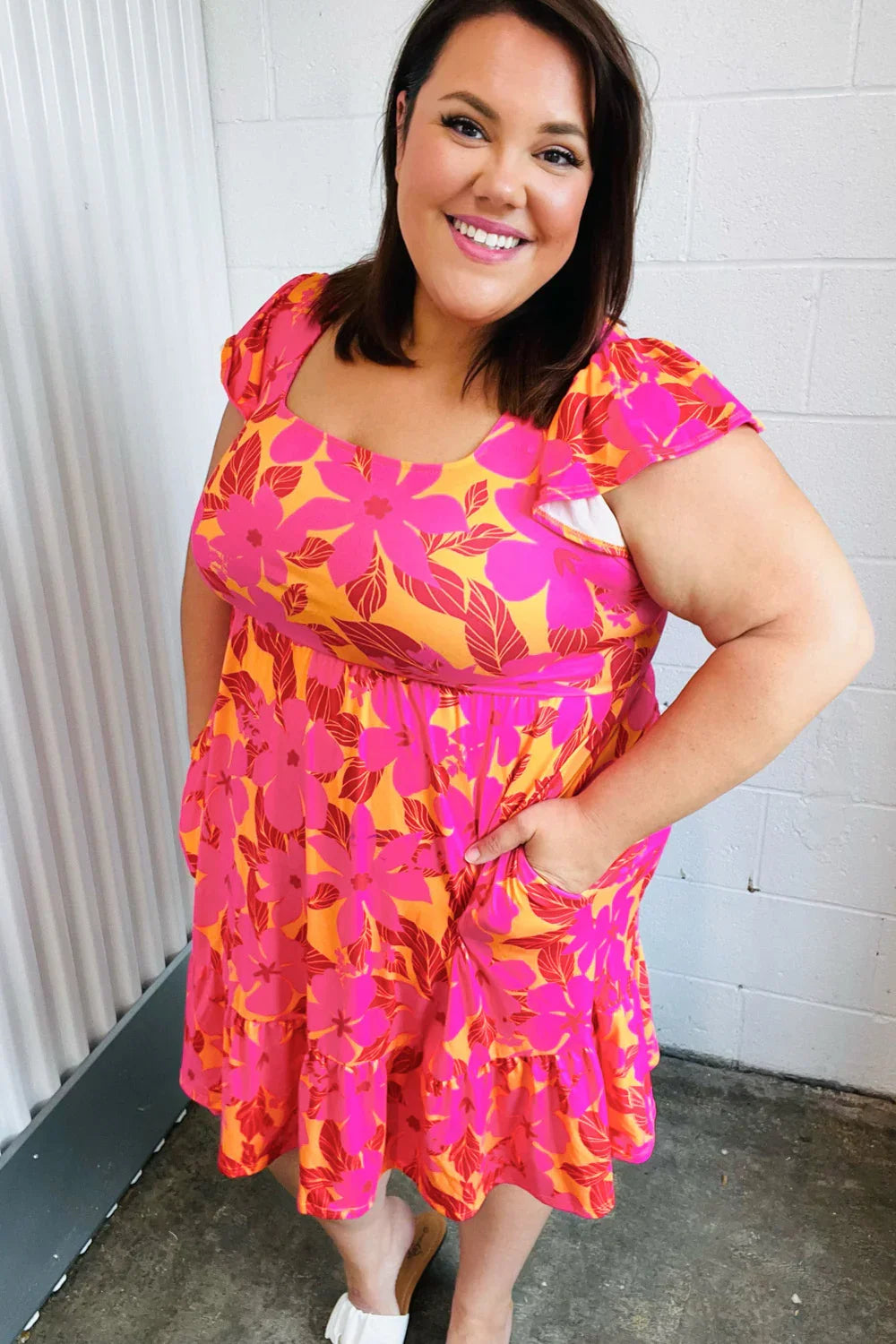 Fuchsia & Orange Tropical Floral Square Neck Dress | Daverri Fashions
