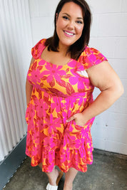 Fuchsia & Orange Tropical Floral Square Neck Dress | Daverri Fashions