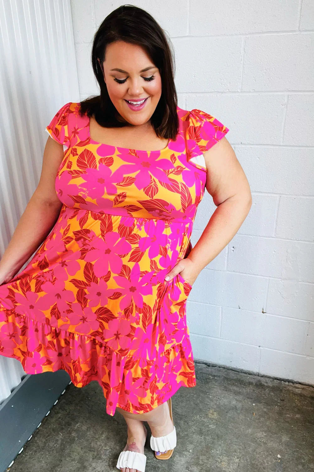 Fuchsia & Orange Tropical Floral Square Neck Dress | Daverri Fashions