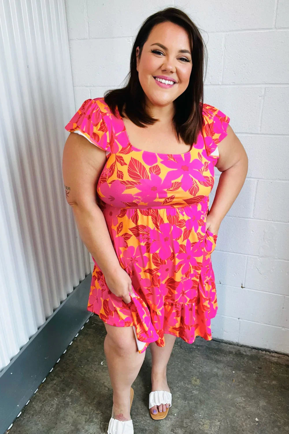 Fuchsia & Orange Tropical Floral Square Neck Dress | Daverri Fashions