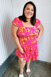 Fuchsia & Orange Tropical Floral Square Neck Dress | Daverri Fashions