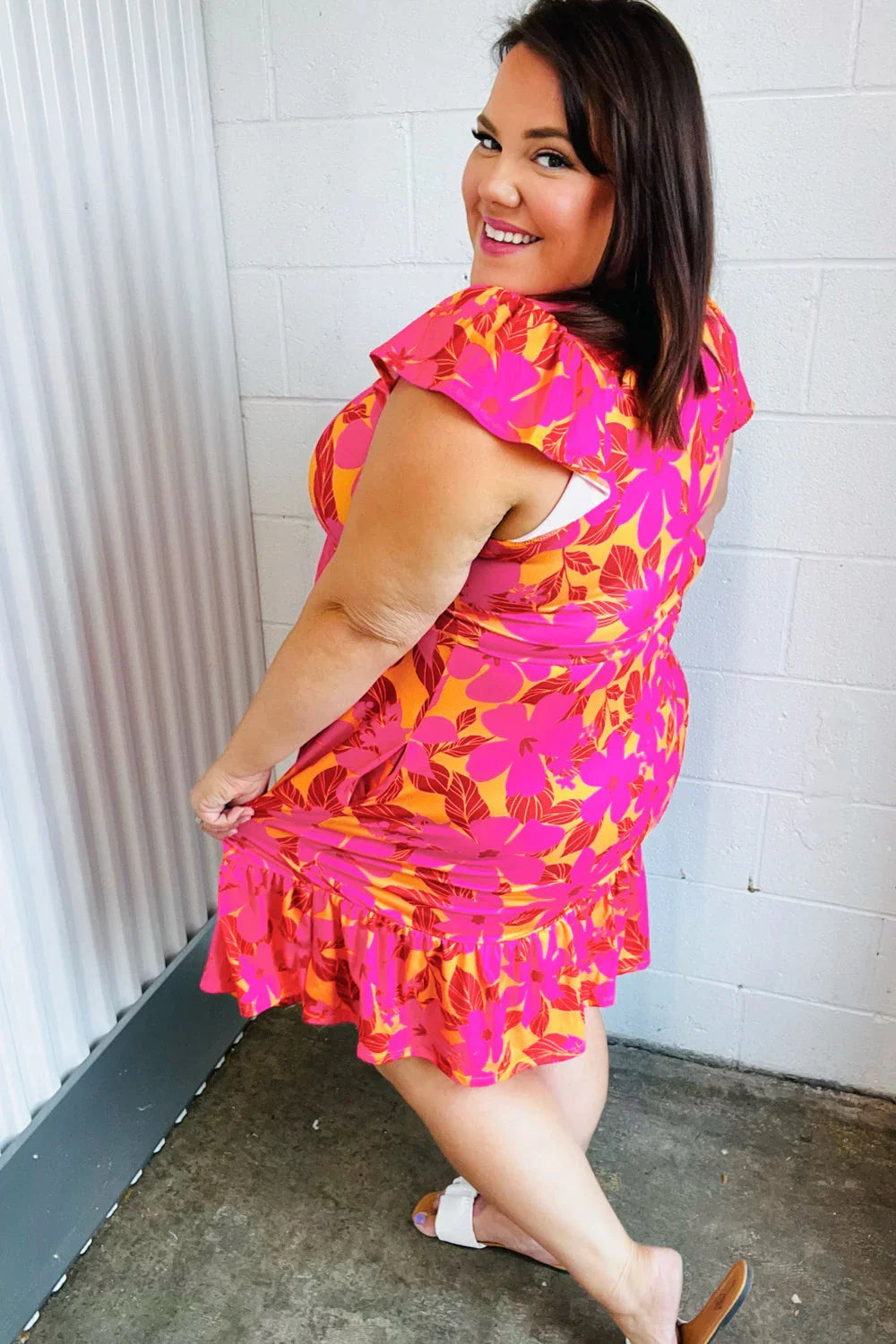 Fuchsia & Orange Tropical Floral Square Neck Dress | Daverri Fashions