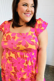 Fuchsia & Orange Tropical Floral Square Neck Dress | Daverri Fashions