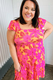 Fuchsia & Orange Tropical Floral Square Neck Dress | Daverri Fashions
