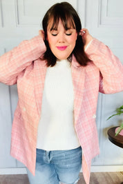 Get To It Pink Plaid Double Breasted Collar Lapel Blazer | Daverri Fashions