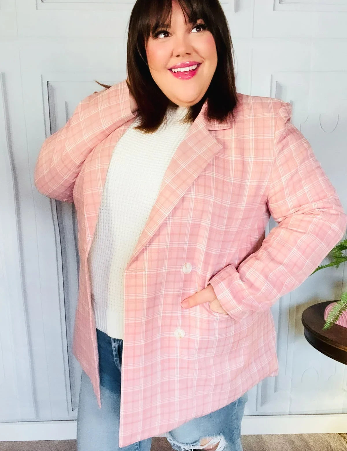 Get To It Pink Plaid Double Breasted Collar Lapel Blazer | Daverri Fashions