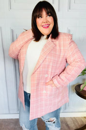 Get To It Pink Plaid Double Breasted Collar Lapel Blazer | Daverri Fashions
