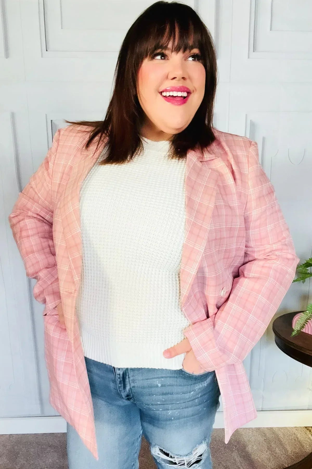 Get To It Pink Plaid Double Breasted Collar Lapel Blazer - DAVERRI FASHIONS