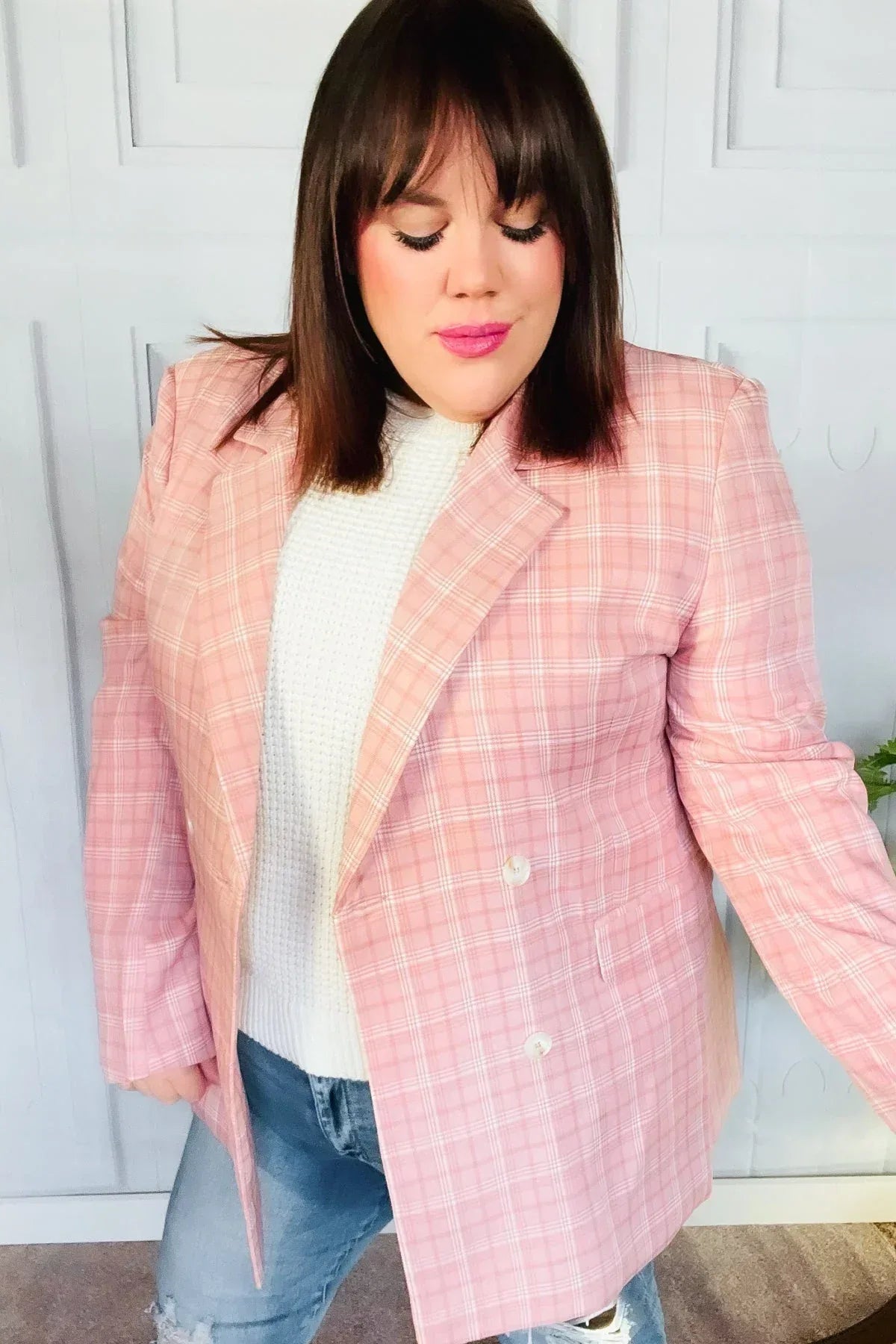 Get To It Pink Plaid Double Breasted Collar Lapel Blazer - DAVERRI FASHIONS