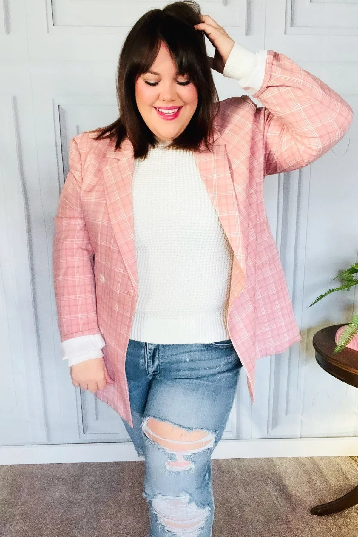 Get To It Pink Plaid Double Breasted Collar Lapel Blazer - DAVERRI FASHIONS