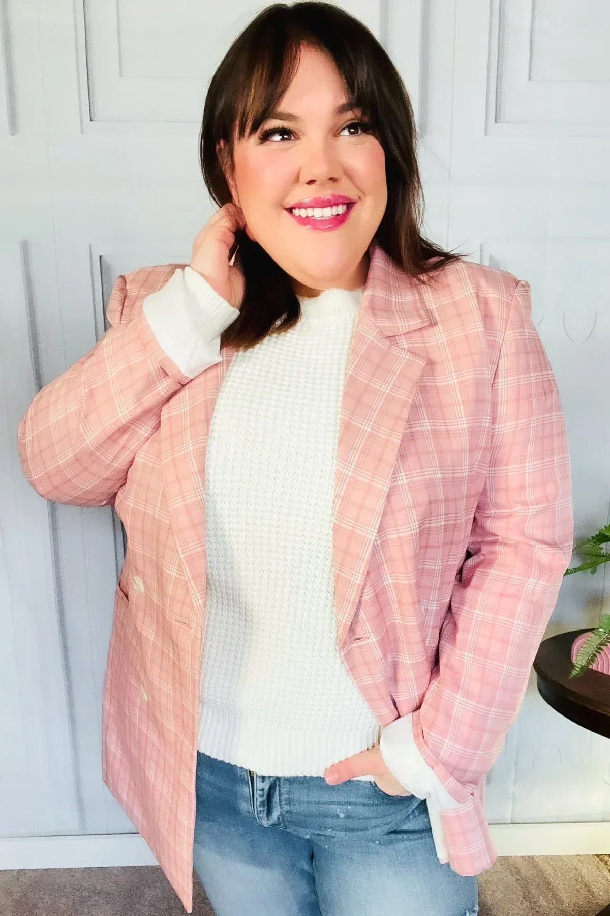 Get To It Pink Plaid Double Breasted Collar Lapel Blazer - DAVERRI FASHIONS