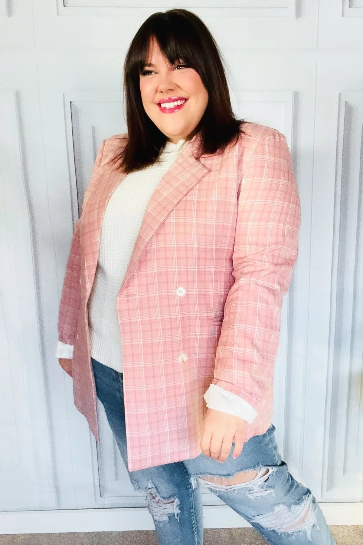 Get To It Pink Plaid Double Breasted Collar Lapel Blazer | Daverri Fashions
