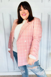 Get To It Pink Plaid Double Breasted Collar Lapel Blazer | Daverri Fashions