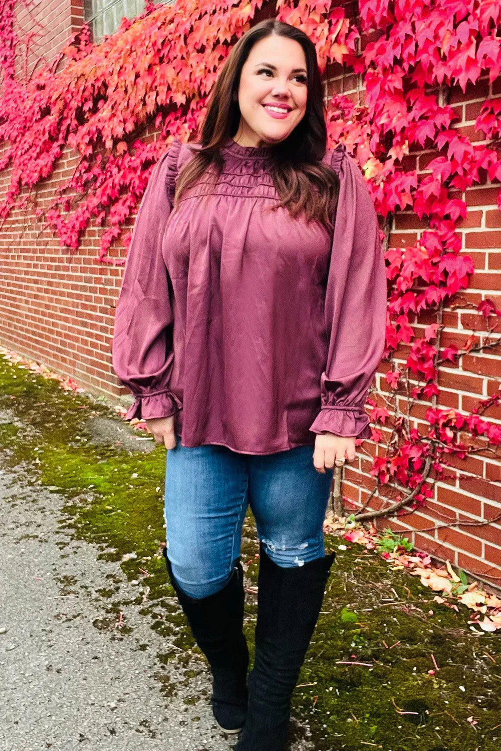 Be Your Best Wine Satin Shirred Yoke Frilled Mock Neck Top | Daverri Fashions