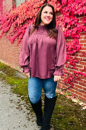 Be Your Best Wine Satin Shirred Yoke Frilled Mock Neck Top | Daverri Fashions