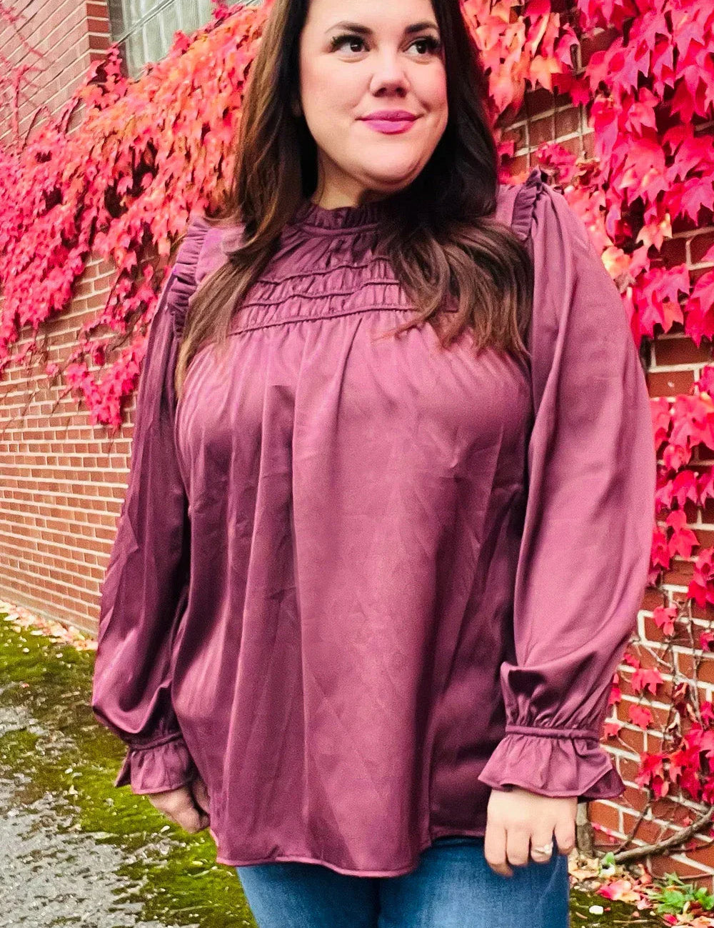 Be Your Best Wine Satin Shirred Yoke Frilled Mock Neck Top | Daverri Fashions