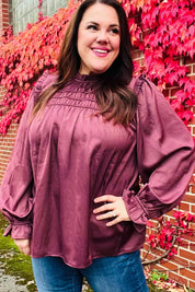 Be Your Best Wine Satin Shirred Yoke Frilled Mock Neck Top | Daverri Fashions