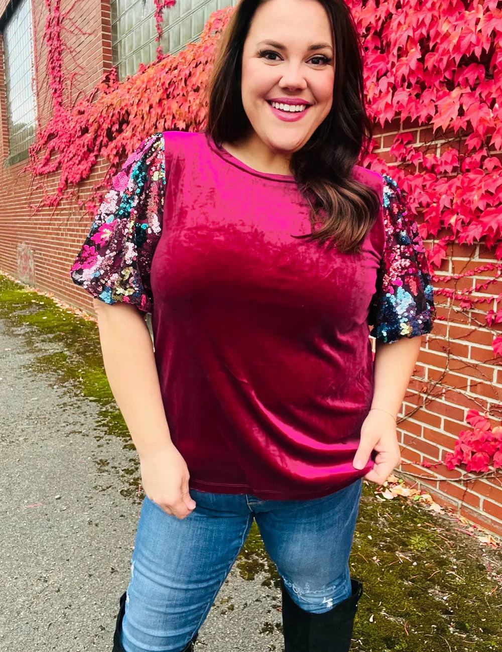 Diva Dreams Wine Floral Sequin Puff Sleeve Velvet Top | Daverri Fashions