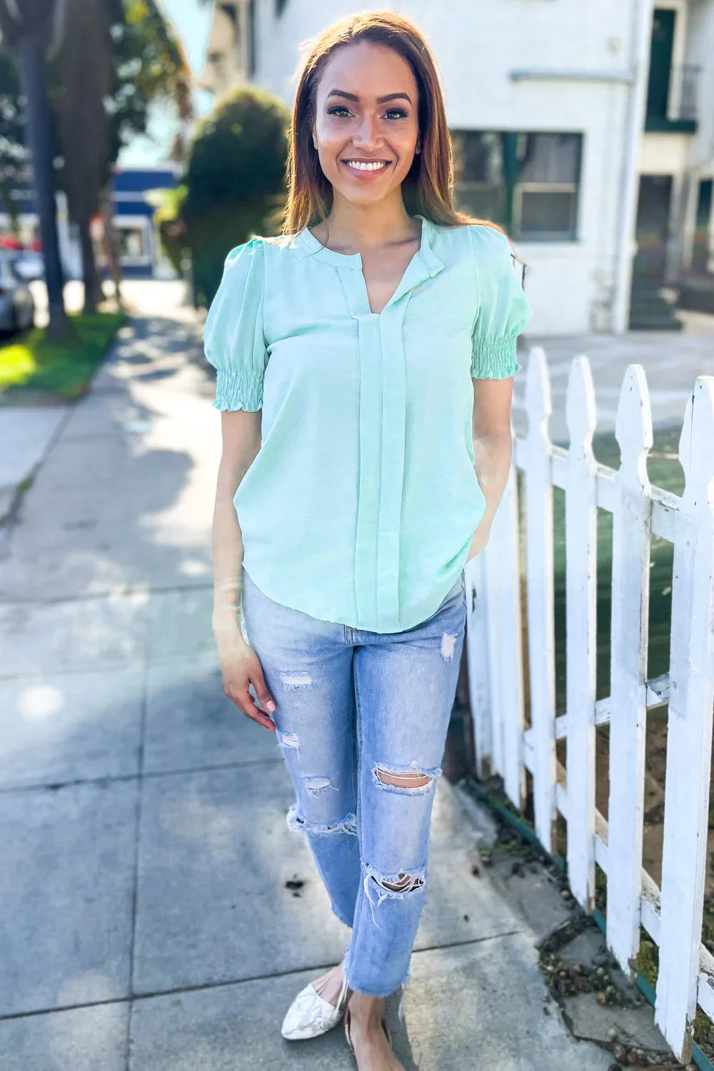 Elegant You Lilac Notched Neck Smocked Short Sleeve Blouse | 07-01-25 Summer Sale Daverri Fashions