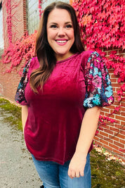 Diva Dreams Wine Floral Sequin Puff Sleeve Velvet Top | Daverri Fashions