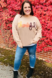 Feeling Thankful Taupe Pop Up Glittery Embroidery Sweater | Daverri Fashions