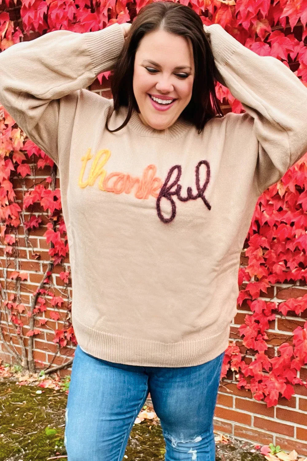 Feeling Thankful Taupe Pop Up Glittery Embroidery Sweater | Daverri Fashions