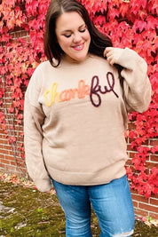 Feeling Thankful Taupe Pop Up Glittery Embroidery Sweater | Daverri Fashions
