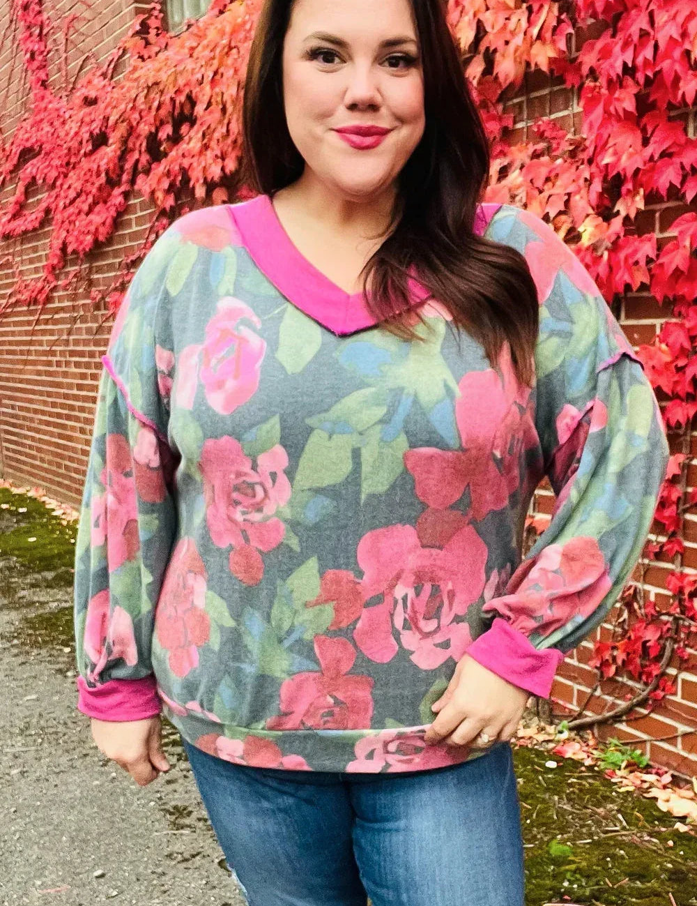 Vintage teal floral print V-neck hacci knit sweater with pink accents