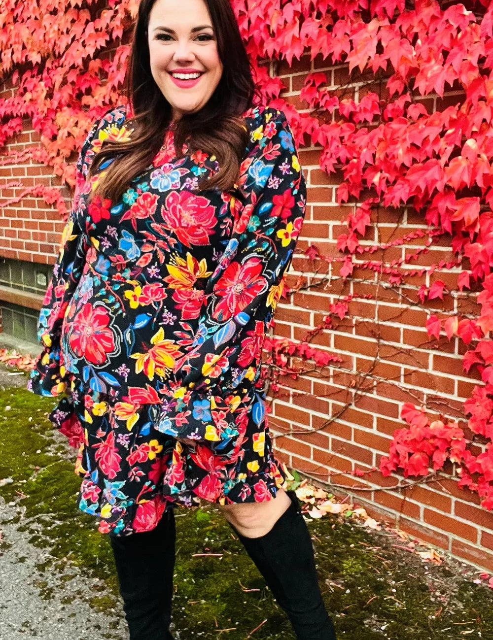 Lock Eyes Black Floral Sequin Print Ruffle Sleeve Frill Mock Neck Dress | Daverri Fashions