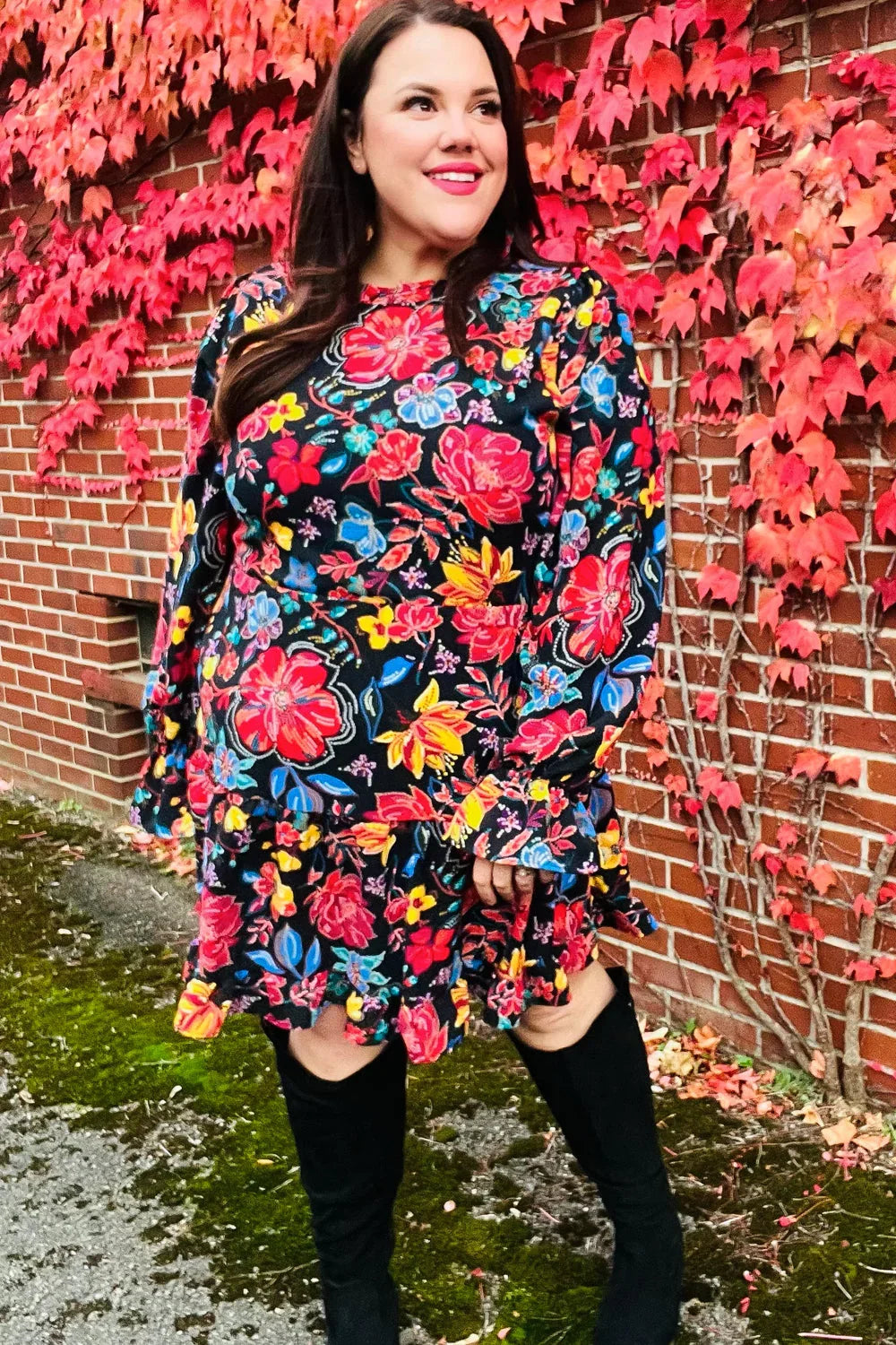 Lock Eyes Black Floral Sequin Print Ruffle Sleeve Frill Mock Neck Dress | Daverri Fashions