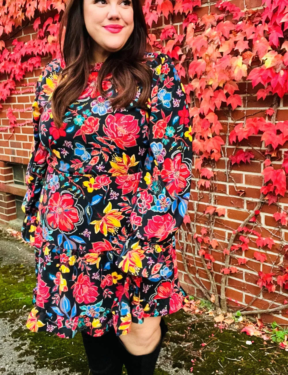 Lock Eyes Black Floral Sequin Print Ruffle Sleeve Frill Mock Neck Dress | Daverri Fashions