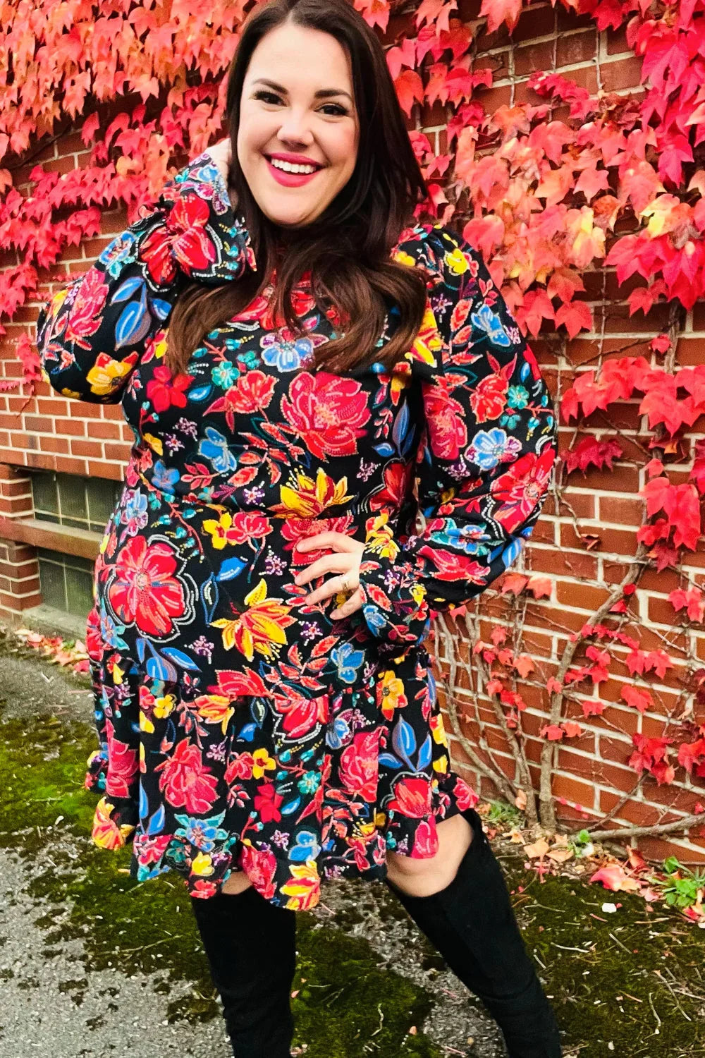 Lock Eyes Black Floral Sequin Print Ruffle Sleeve Frill Mock Neck Dress | Daverri Fashions