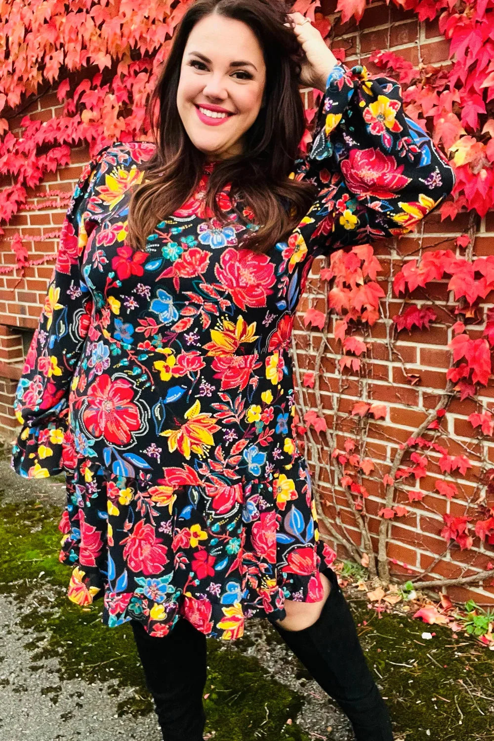 Lock Eyes Black Floral Sequin Print Ruffle Sleeve Frill Mock Neck Dress | Daverri Fashions